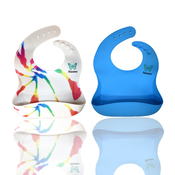 Alasmo Silicone Baby Bibs Feeding Kids Boys Girls Babies Toddler BPA Free Set Of 2 (White Tie Dye /Blue Solid Color)